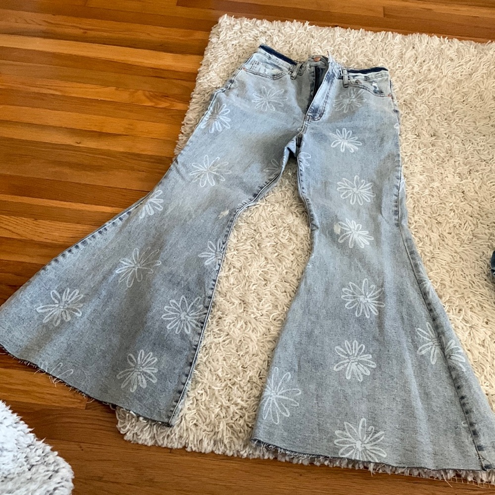 Blue High Rise Flare Jeans with flower prints- Size 12